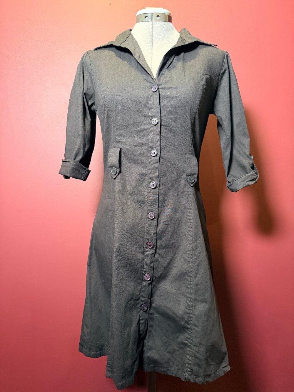 Women's Black Button-Down Mini Dress with Cuffed Sleeves - Size Small